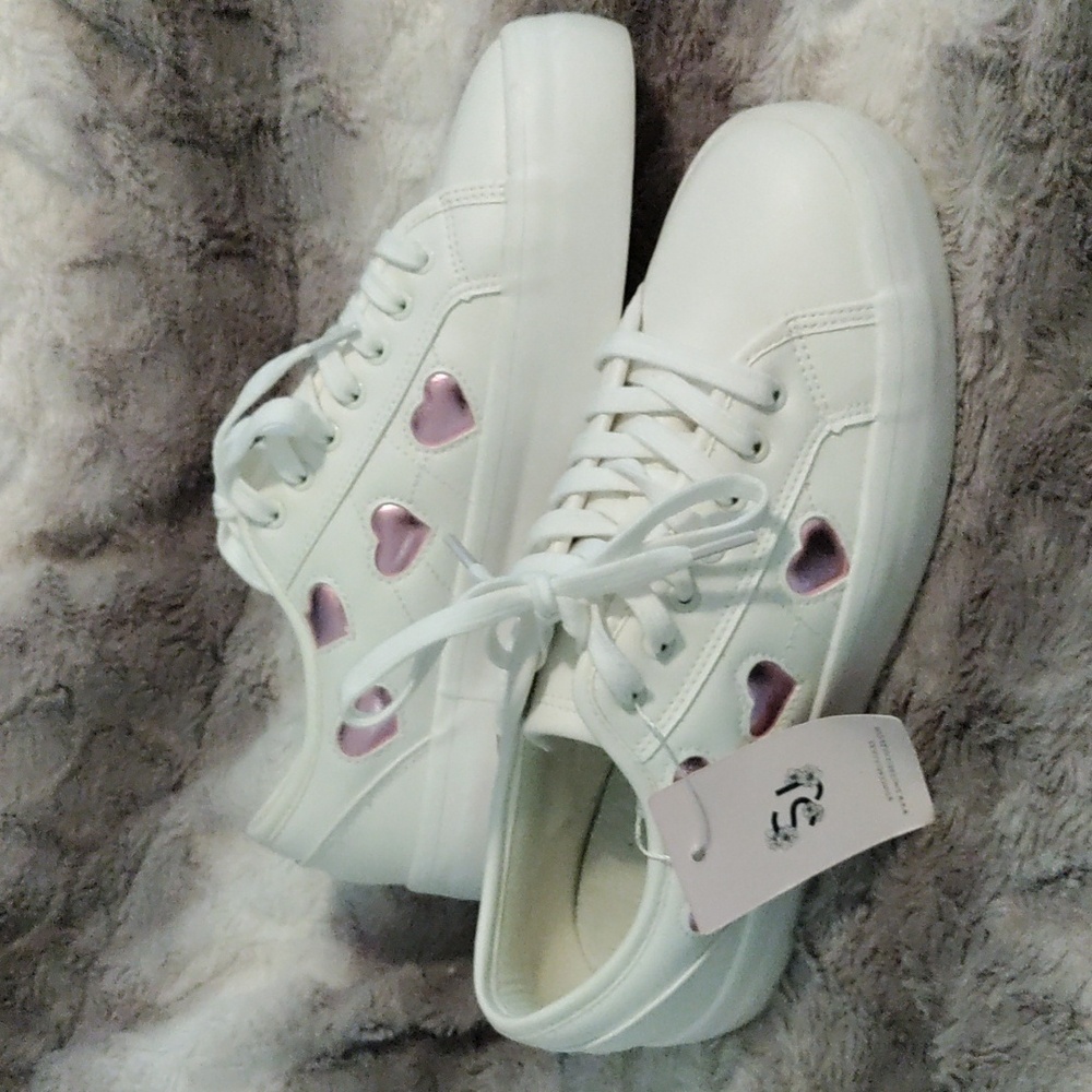 Sincerely Jules White Sneakers with Pink Heart Accents Valentine's